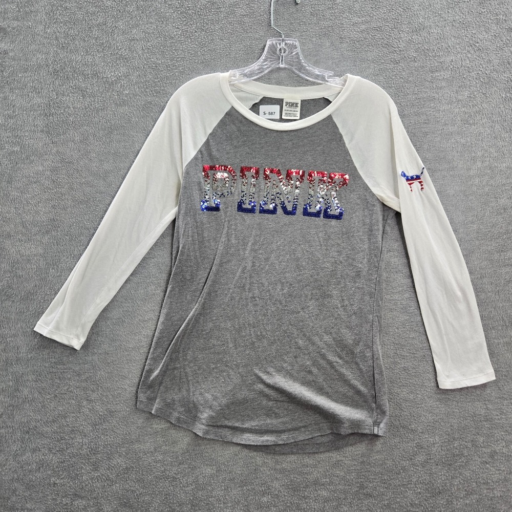 Pink Victorias Secret Men Shirt XS Gray Logo‎ Patriotic Sequins Bling Tee READ